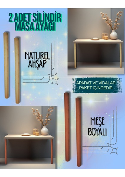 2 Adet Silindir Modeli Naturel Ahşap&meşe Boyalı Masa&sehpa Ayakları