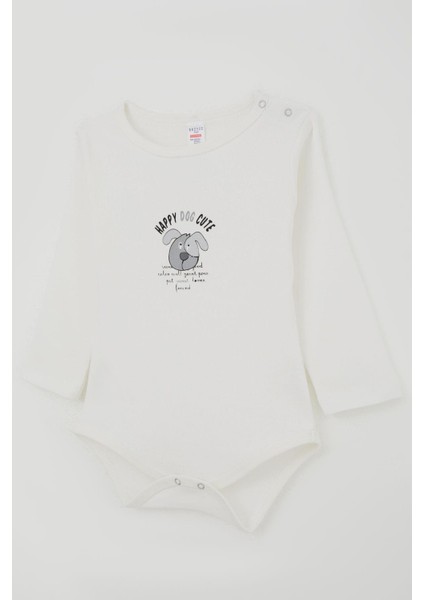 Erkek Bebek Çıtçıtlı Zıbın Body Sevimli Köpekçik Baskılı 9 Ay-3 Yaş, Ekru