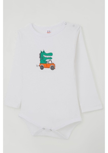 Erkek Bebek Çıtçıtlı Zıbın Body Şoför Timsahcık Baskılı 9 Ay-3 Yaş, Ekru