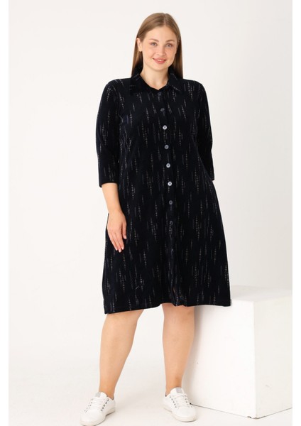Lacivert Boydan Düğmeli Cepli Kadife Büyük Beden Elbise fiyatları