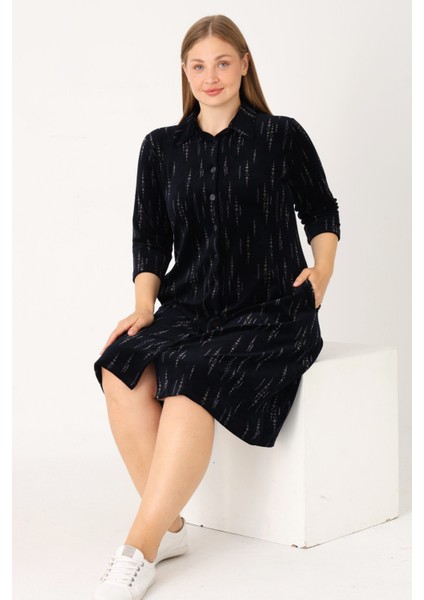 Lacivert Boydan Düğmeli Cepli Kadife Büyük Beden Elbise modelleri