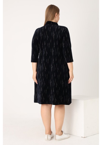 Lacivert Boydan Düğmeli Cepli Kadife Büyük Beden Elbise indirimleri