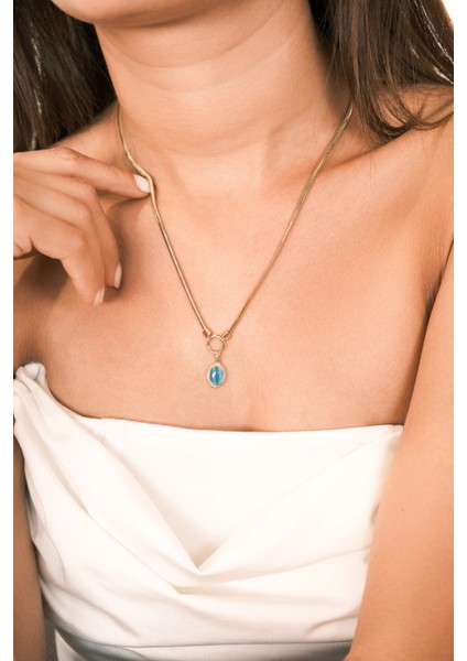 Asil 14 Ayar Mavi Oval Taşlı Altın Kolye KLY3984