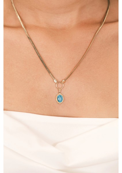 Asil 14 Ayar Mavi Oval Taşlı Altın Kolye KLY3984 modelleri