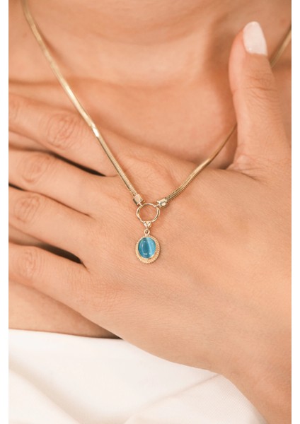 Asil 14 Ayar Mavi Oval Taşlı Altın Kolye KLY3984 indirimleri