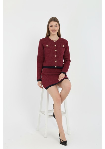 Kadın Hırka Etekli Takım Düğmeli Takma Cepli Düğmeli Takım