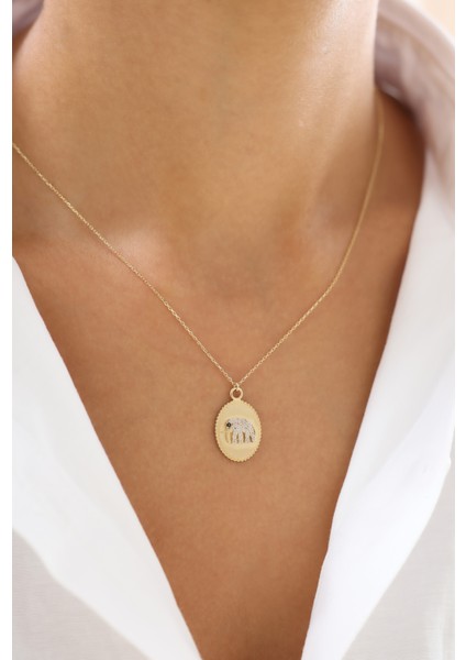 Taş Işlemeli Fil 14 Ayar Altın Kolye