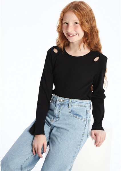 Lcw Kids Siyah Bisiklet Yaka Basic Uzun Kollu Kız Çocuk Tişört