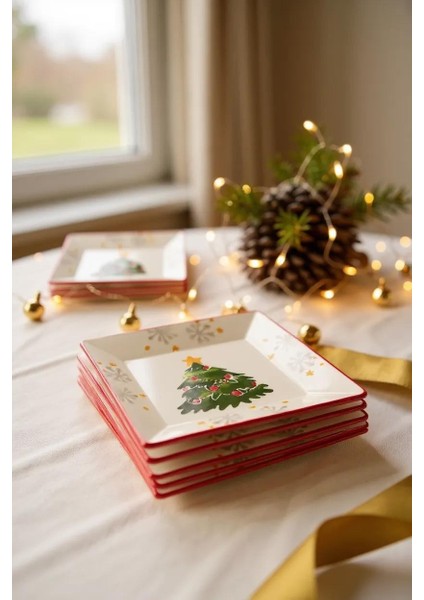 Yılbaşı 6'lı Ağaç Desenli Kare Pasta Tabağı - 18,5 - Seramik - Handmade