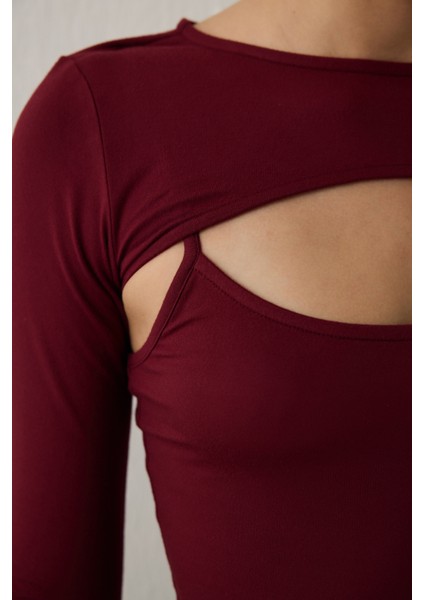 Bordo Bisiklet Yaka Uzun Kollu Pencere Detaylı Bodysuit