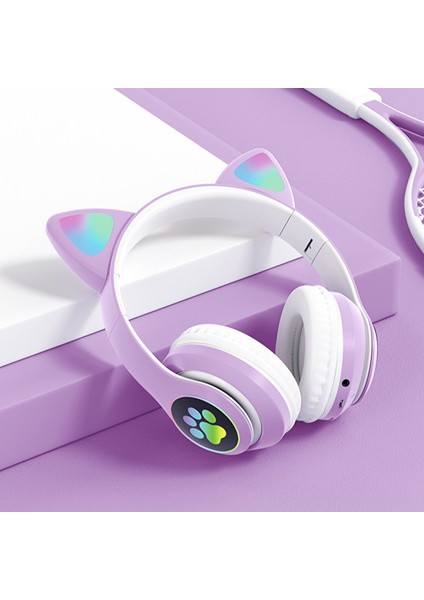 Işıklı Kedi Kulak Bluetooth Wireless Kulaklı 5.0 LED Işıklı Kedili Şık Kulaküstü Kulaklık Kız Çocuk Raydolu Fm (Yurt Dışından)