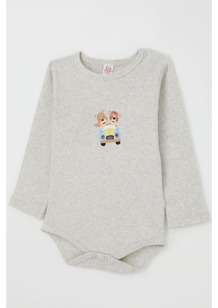 Erkek Bebek Çıtçıtlı Zıbın Body Şoför Hayvancık Baskılı 9 Ay-3 Yaş, Açık Gri Melanj