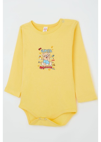 Erkek Bebek Çıtçıtlı Body Avcı Kedicik Baskılı 9 Ay-3 Yaş, Sarı
