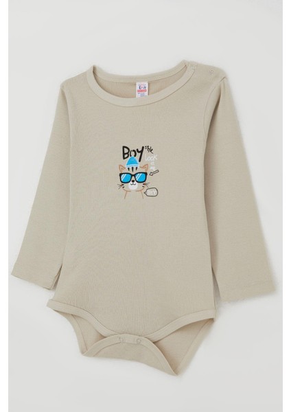 Erkek Bebek Çıtçıtlı Zıbın Body Gözlüklü Kedicik Baskılı 9 Ay-3 Yaş, Taş