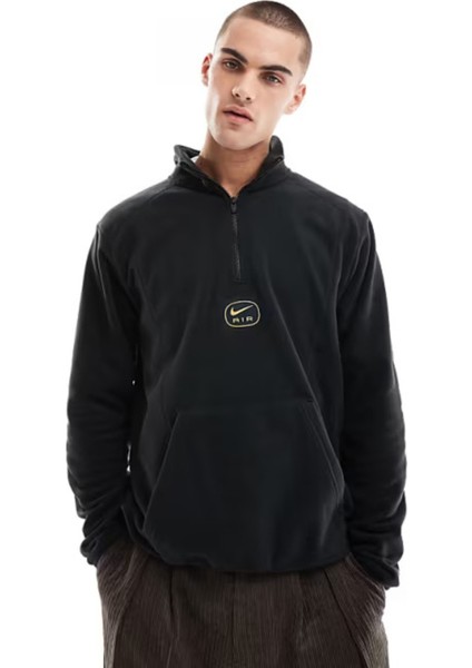 Air Half-Zip Fleece Bol Kesim Siyah Polar Erkek Sweatshirt
