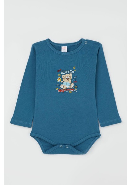 Erkek Bebek Çıtçıtlı Body Avcı Kedicik Baskılı 9 Ay-3 Yaş, İndigo indirimleri