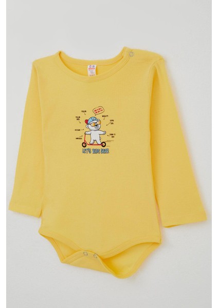 Erkek Bebek Çıtçıtlı Body Gözlüklü Ayıcık Baskılı 9 Ay-3 Yaş, Sarı