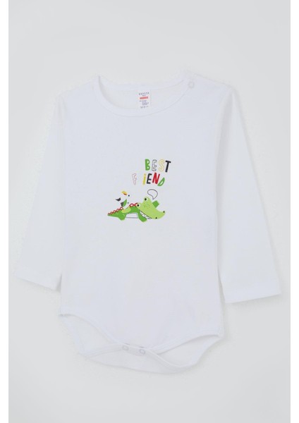Erkek Bebek Çıtçıtlı Body Timsah Baskılı 9 Ay-3 Yaş, Beyaz