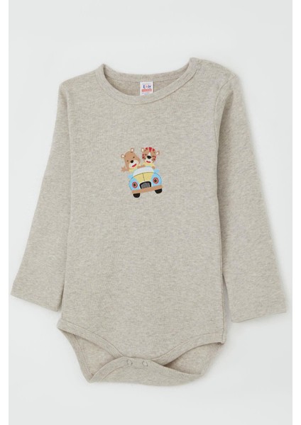 Erkek Bebek Çıtçıtlı Body Şoför Hayvancık Baskılı 9 Ay-3 Yaş, Bej Melanj