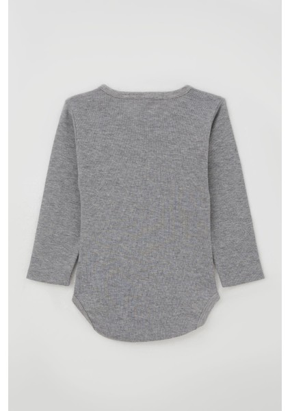 Erkek Bebek Çıtçıtlı Body Avcı Kedicik Baskılı 9 Ay-3 Yaş, Gri Melanj