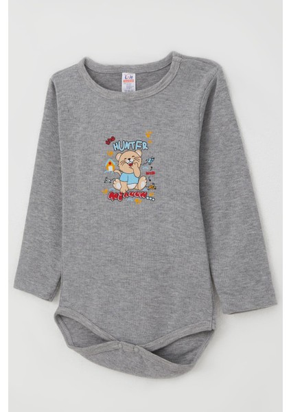 Erkek Bebek Çıtçıtlı Body Avcı Kedicik Baskılı 9 Ay-3 Yaş, Gri Melanj