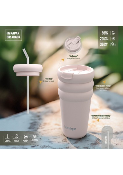 3 Bubble Two-Cap Straw Tumbler Çelik Termos 600 ml Lightest Sky ST-247