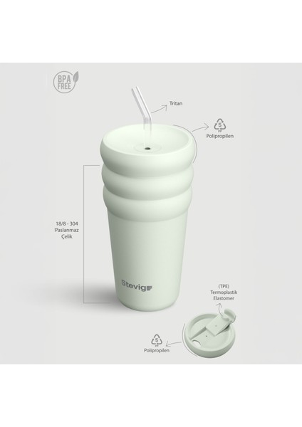 3 Bubble Two-Cap Straw Tumbler Çelik Termos 600 ml Lightest Sky ST-247