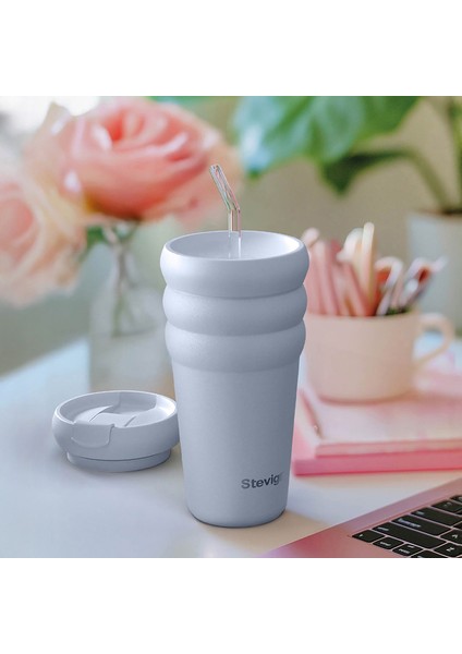 3 Bubble Two-Cap Straw Tumbler Çelik Termos 600 ml Zen Blue ST-246