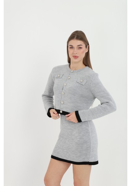 Kadın Hırka Etekli Takım Düğmeli Takma Cepli Düğmeli Takım