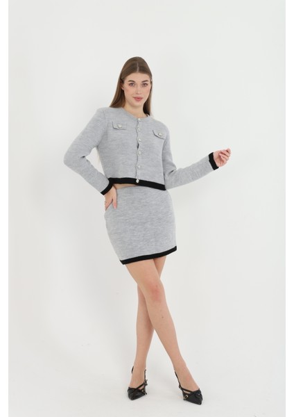 Kadın Hırka Etekli Takım Düğmeli Takma Cepli Düğmeli Takım