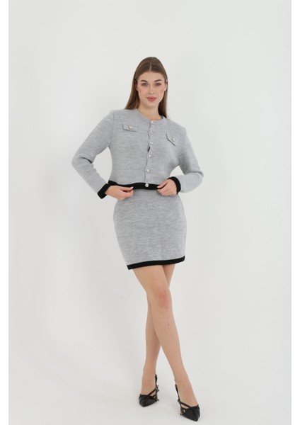 Kadın Hırka Etekli Takım Düğmeli Takma Cepli Düğmeli Takım