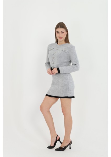 Kadın Hırka Etekli Takım Düğmeli Takma Cepli Düğmeli Takım