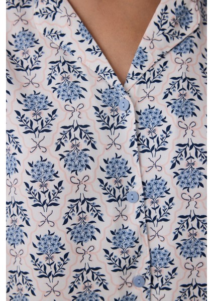 Açık Mavi Blue Flowers Uzun Kollu Gömlek Pijama Takımı