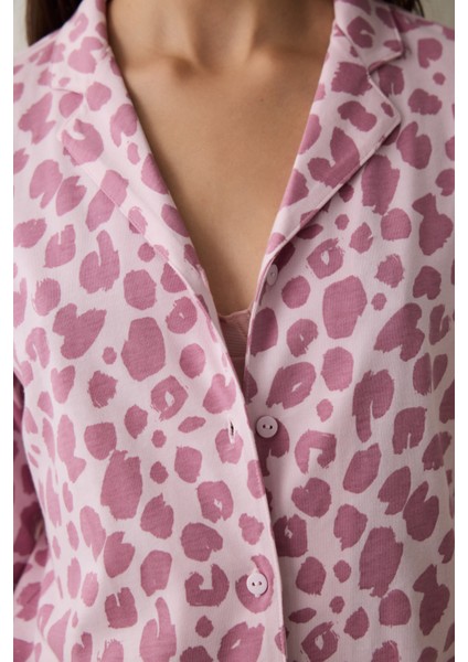 Pembe Leopar Desenli Uzun Kollu Düğmeli Gömlek Yaka Pamuklu Pijama Takımı