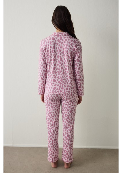 Pembe Leopar Desenli Uzun Kollu Düğmeli Gömlek Yaka Pamuklu Pijama Takımı