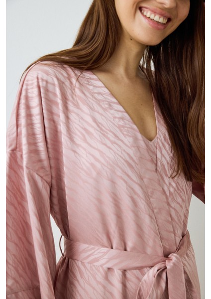 Gül Kurusu Emma Zebra Desenli Saten Uzun Kol Sabahlık