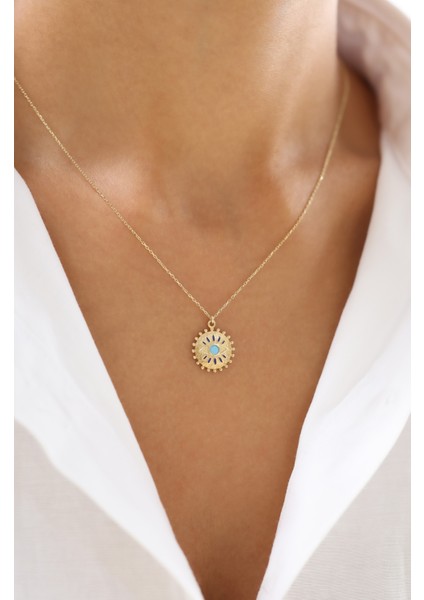 Antik Dokulu Turkuaz Gözlü 14 Ayar Altın Kolye