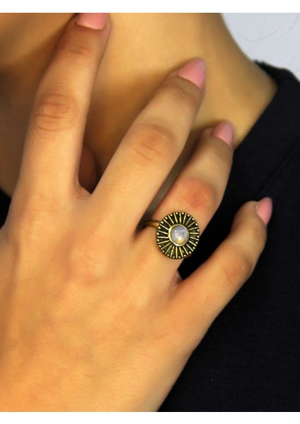 Doğal Taş Aytaşı Yuvarlak Doğal Taşlı Antik Model Kadın Ayarlanabillir Yüzük EUY70AY