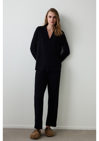 Siyah Fitilli Gömlek Yaka Uzun Kollu Düğmeli Pijama Takımı