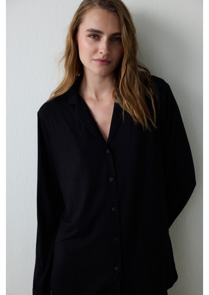 Siyah Fitilli Gömlek Yaka Uzun Kollu Düğmeli Pijama Takımı