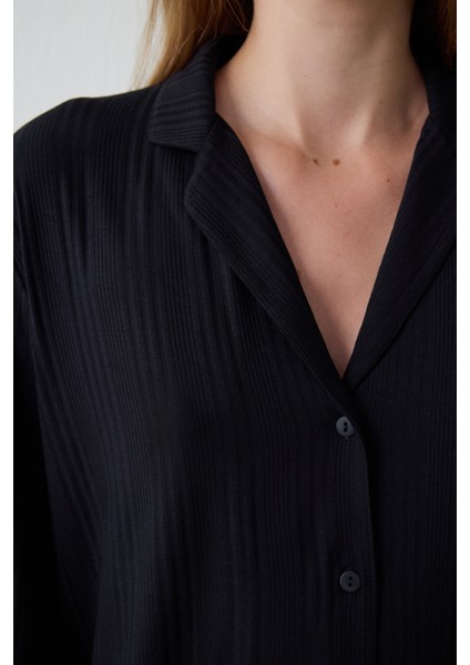 Siyah Fitilli Gömlek Yaka Uzun Kollu Düğmeli Pijama Takımı