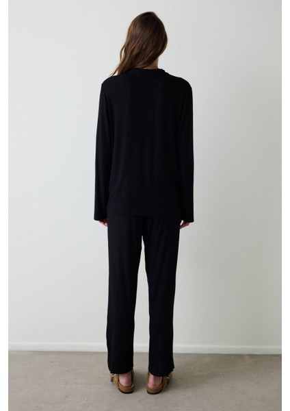 Siyah Fitilli Gömlek Yaka Uzun Kollu Düğmeli Pijama Takımı