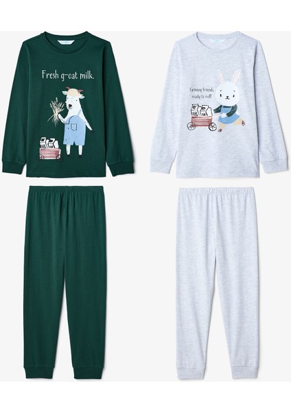 Ekru Erkek Çocuk Tavşan Desenli Uzun Kollu Pamuklu 2'li Pijama Takımı
