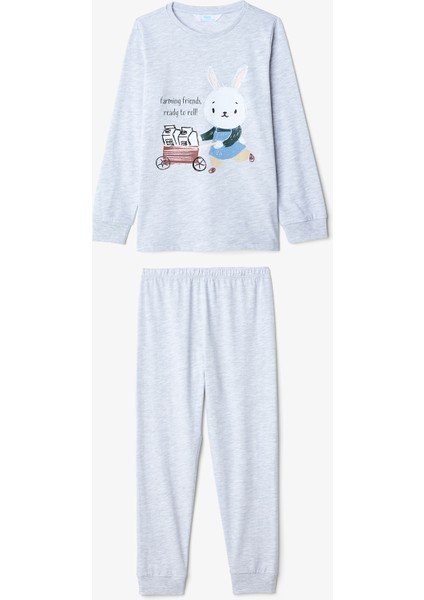Ekru Erkek Çocuk Tavşan Desenli Uzun Kollu Pamuklu 2'li Pijama Takımı