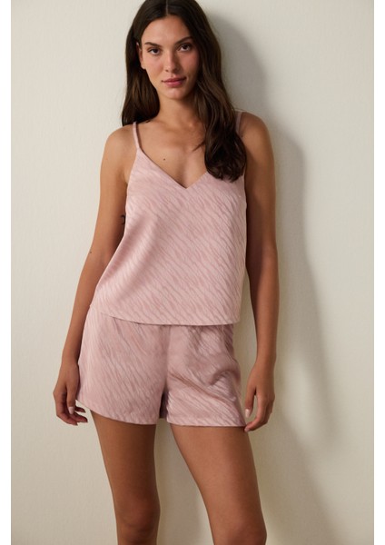 Gül Kurusu Emma Saten Zebra Desenli V Yaka Şortlu Pijama Takımı