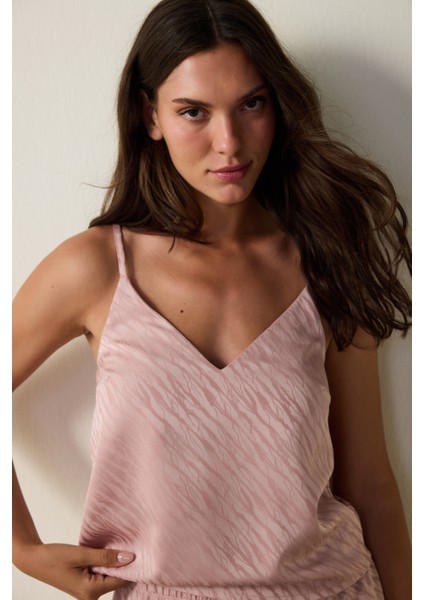 Gül Kurusu Emma Saten Zebra Desenli V Yaka Şortlu Pijama Takımı