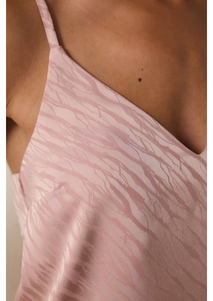 Gül Kurusu Emma Saten Zebra Desenli V Yaka Şortlu Pijama Takımı