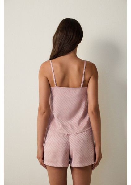 Gül Kurusu Emma Saten Zebra Desenli V Yaka Şortlu Pijama Takımı