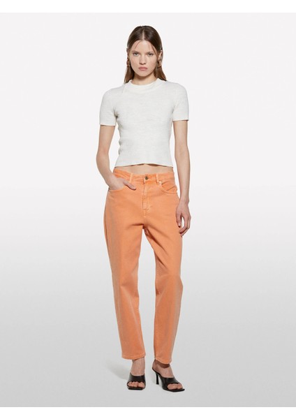 Keten Karışımlı Slim Fit Kısa Kollu Kazak Kadın Beyaz Kazak - 325P105GM106G