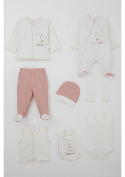 Kız Bebek Hastane Çıkışı 8 Li Sevimli Kraliçe Kuğu Nakışlı 0-3 Ay, Ekru